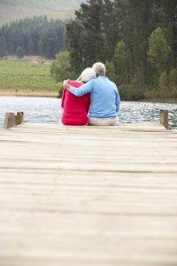 Senior couple sitting on a jetty